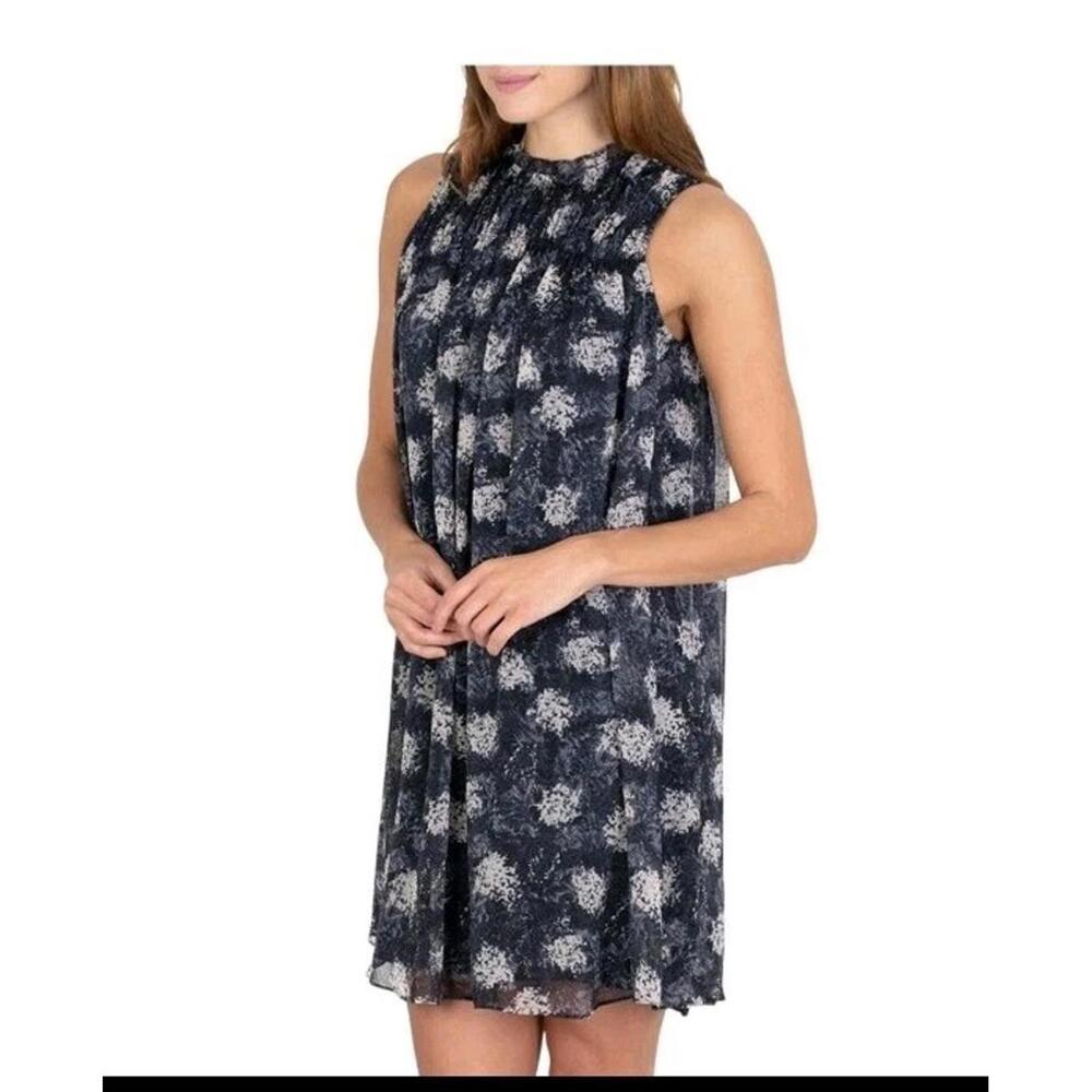 Joie Mini Dress Womens Large Baltic Print Navy Blue Smocked High Neck Sleeveless